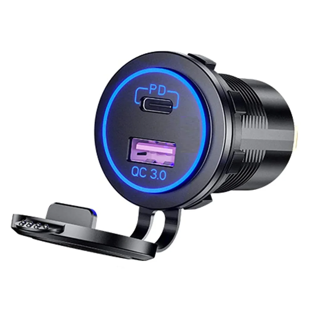 Power Outlet USB Charger Type C+Quick Charge QC3.0 USB Charger Socket DC 12V-24V for Automotive Car Marine RV RZR Boat ATV Bus