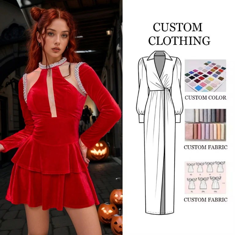 D&M New Halloween costumes Evening Sexy Dress Bodycon red Long sleeves Pleated skirt Fashion Element halloween diy party Dress