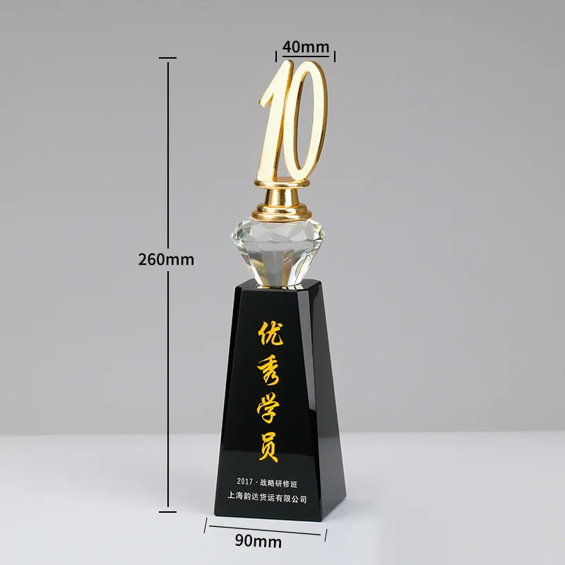 MH-NJ004 Gold Metal Number 5 10 15 20  25 30 Years Event Crystal Trophy Award With Black Base