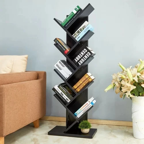 Wooden Display Storage Bevel Edge Bottom Board 9 Shelf Tree Bookcase for CDs & Books