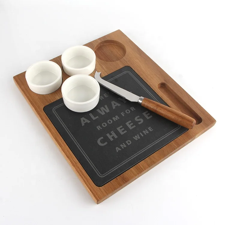 Customized material and shape wooden cheese board with dipping bowl and slate cutting board,cheese knife set