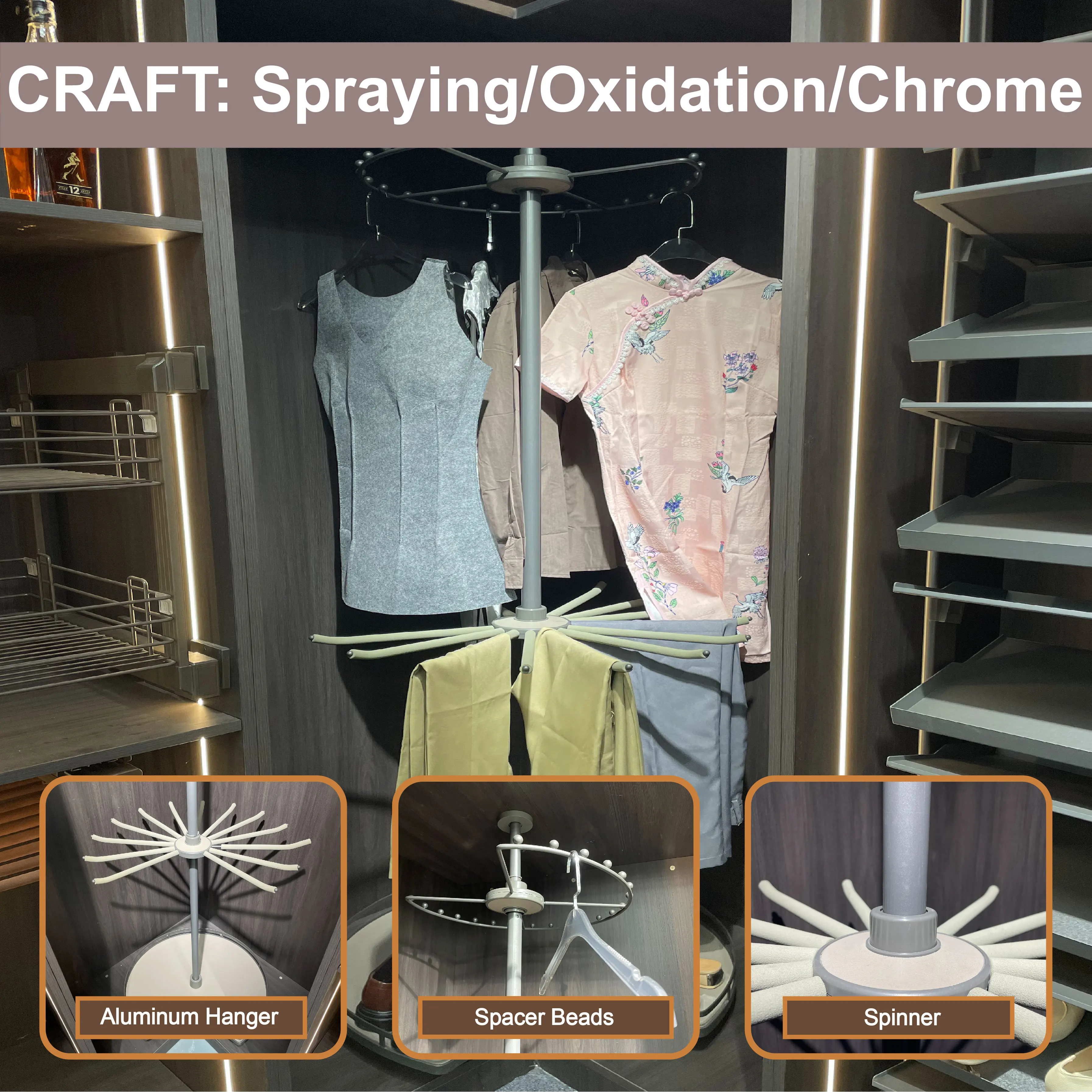 Round Rotatable Stand Home Heavy Duty Metal Shoe Rack Coat Hook Rod for Hanging Clothes Gray Multifunctional Closet Corner