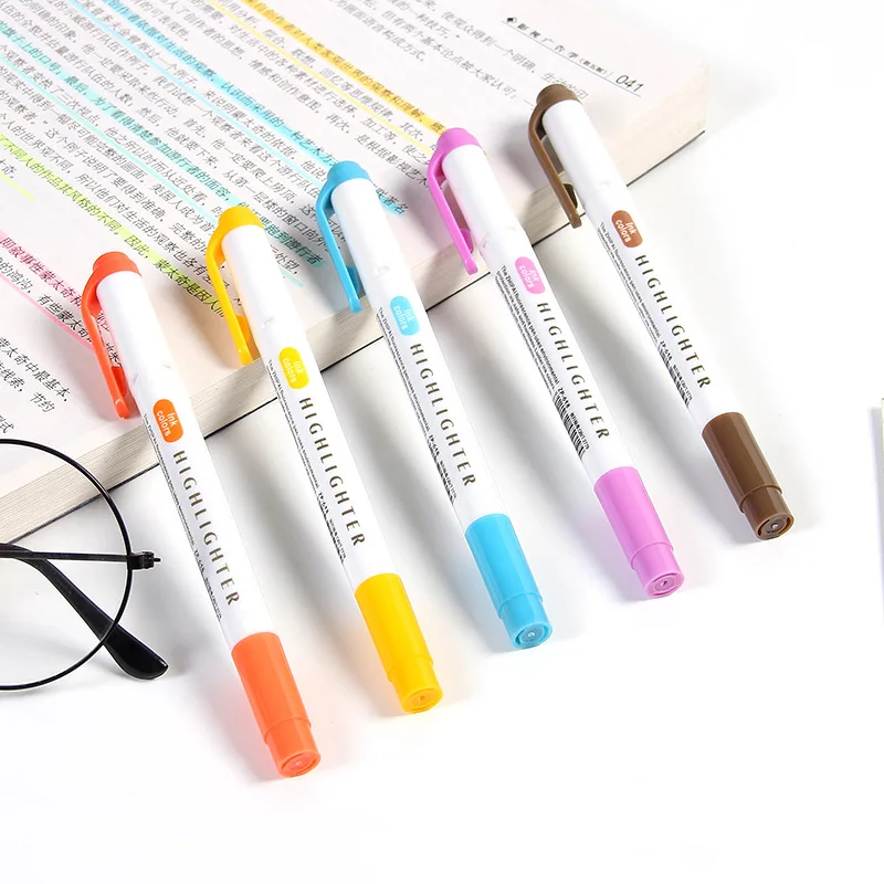 5 Colors/set Double Headed Highlighter Pen Set Fluorescent Markers Highlighters Pens Art Marker Japanese Cute Kawaii Stationery