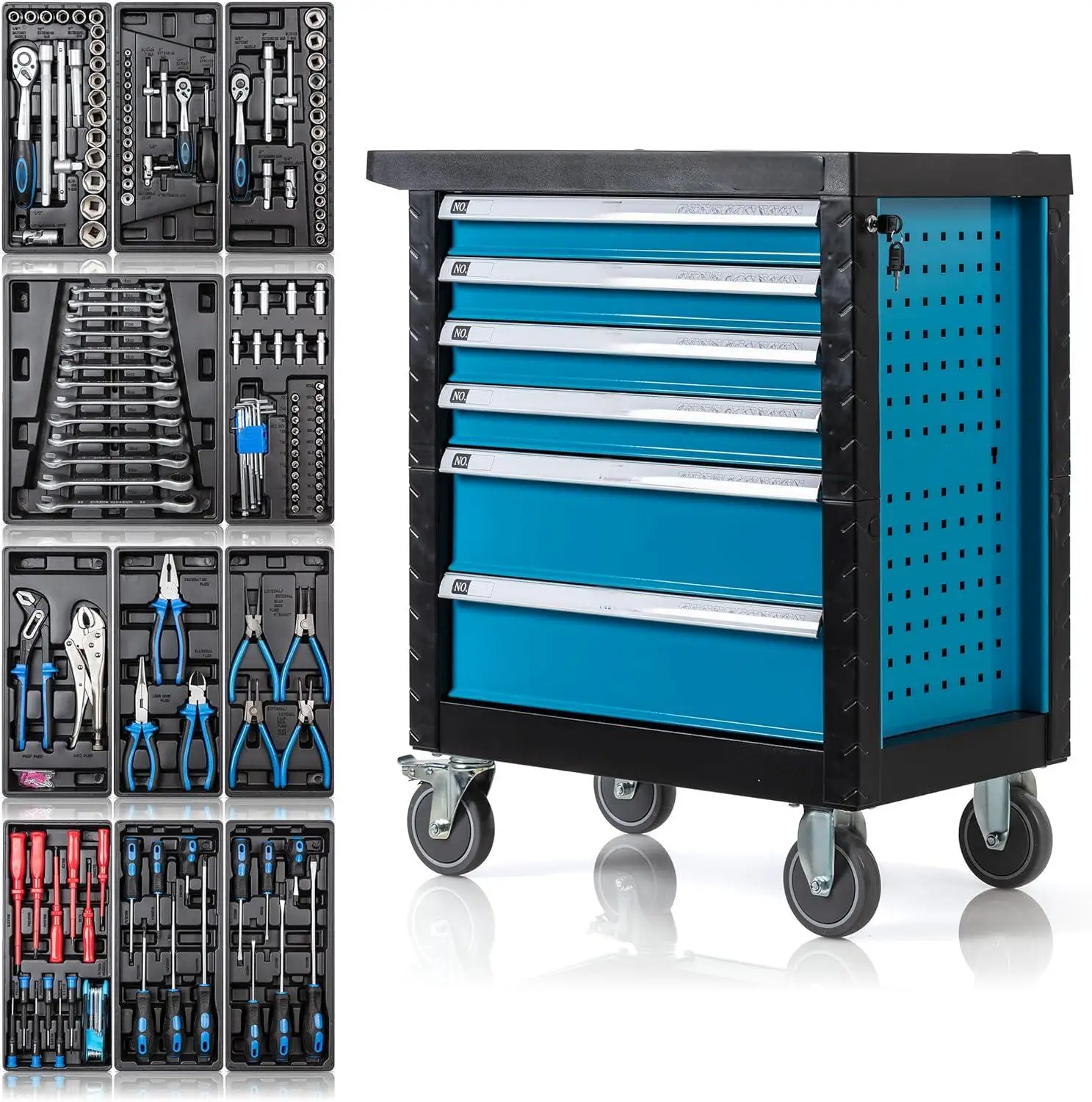 Peaktop 6 drawers metal roller tool cabinet tools set box with 220 PCS hand tool set