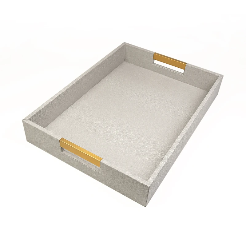 High-end Different PU color Leather Trays Hotel bathroom Leather Wood Rectangular Serving Tray with Short Metal Handle With SABER Certificate