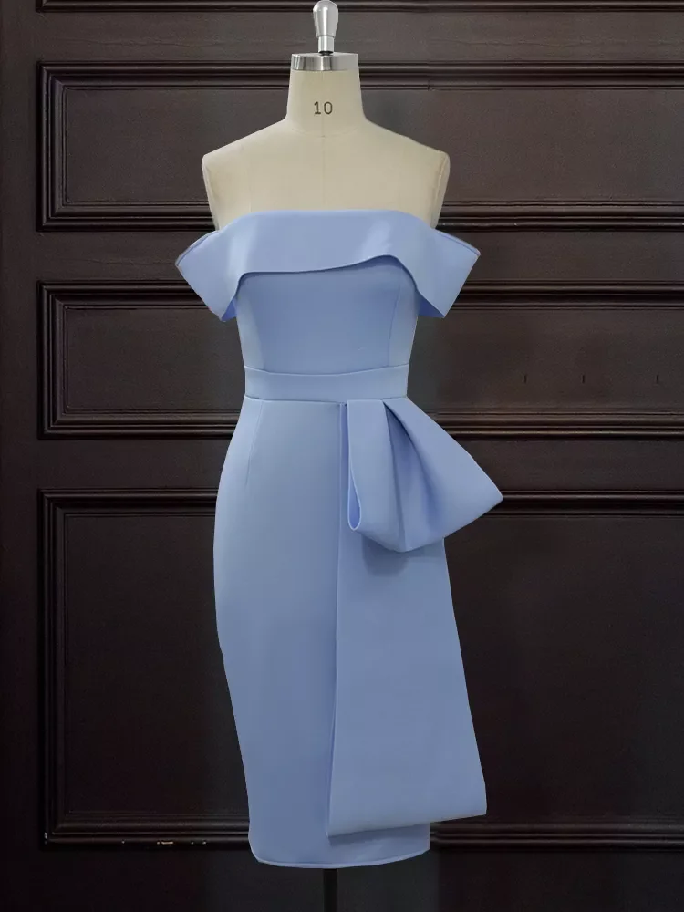 Knee Length Blue Slim Tube Top Off Shoulder Lady Evening Dress Factory
