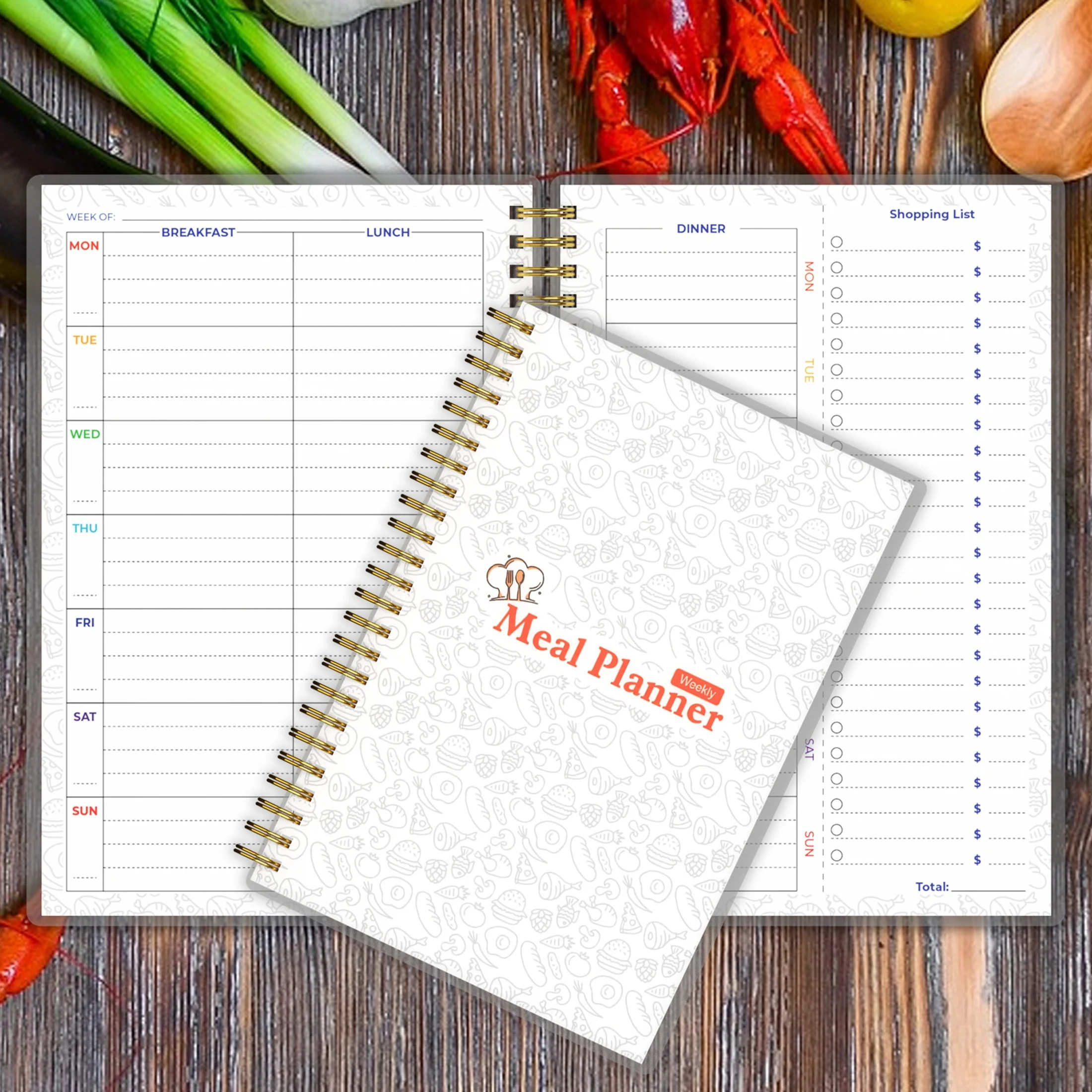 Undated A5 Spiral Weekly & Daily Meal Planner Notebook Journal with Shopping and Grocery Lists for Menu Planning Meal Tracker