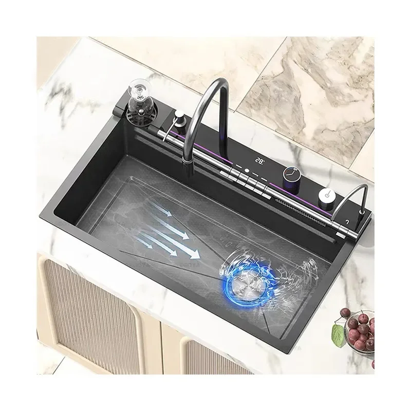 Multifunctional Nano 304 Single Bowl Stainless Steel Handmade Undermount Double Waterfall Faucet With LED Display Farmhouse Sink