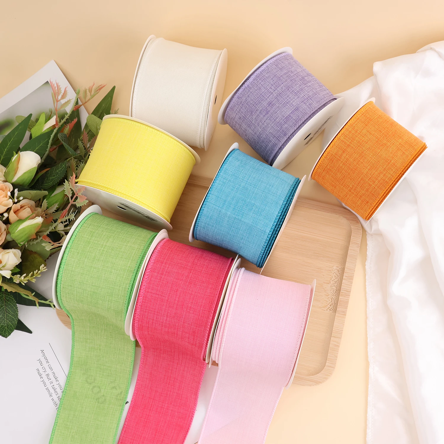 Midi Stock Solid Colors Fine Linen Burlap 63MM Width Christmas Wired Edge Ribbon For Wreath Tree Decoration