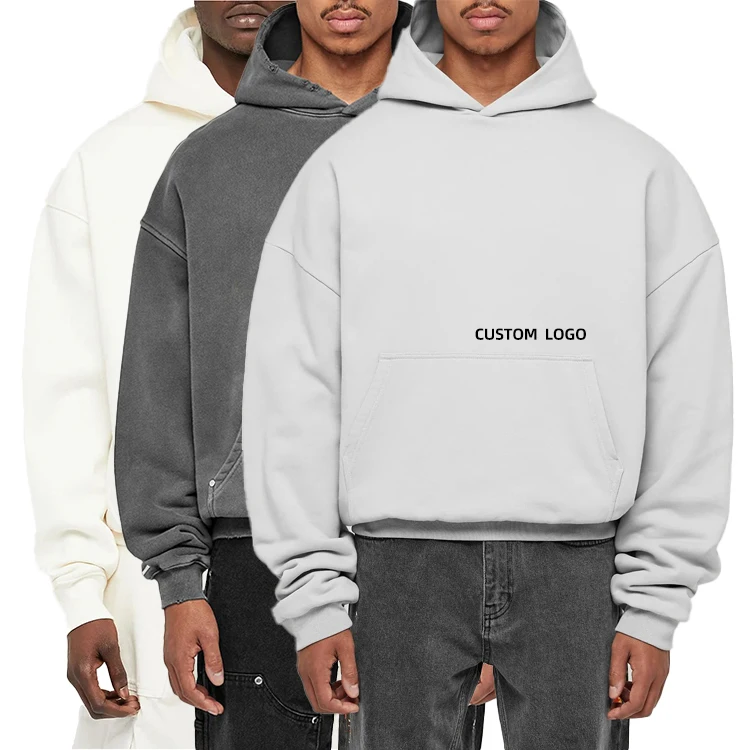 French Terry Hoodies Boxy Fit Hoodie Heavy Weight Cotton Oversized Cropped Men No String 500gsm Cotton Fabric Customized Logo