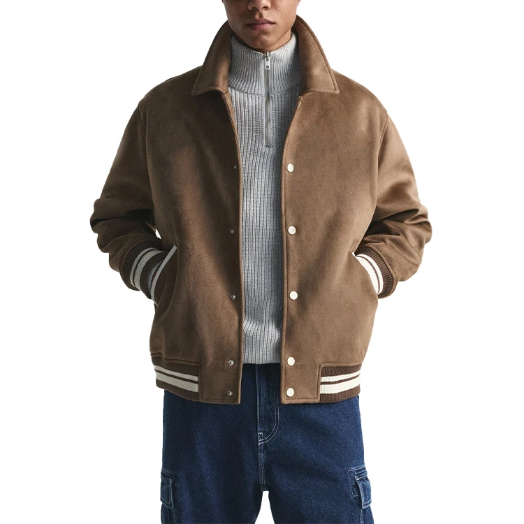Men faux suede bomber jacket with patch and embroidery ribbed trims snap button front