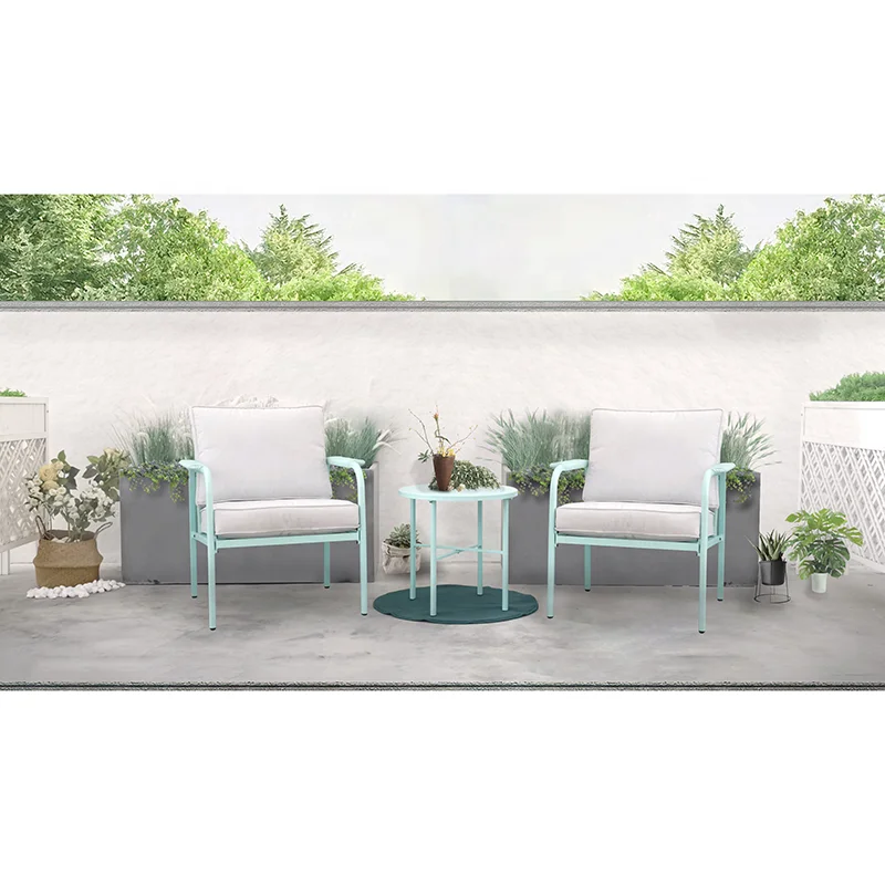 Customized Sky Blue Colour Metal Cloth Cushion Furniture Outdoor Table And Chair Set For Garden