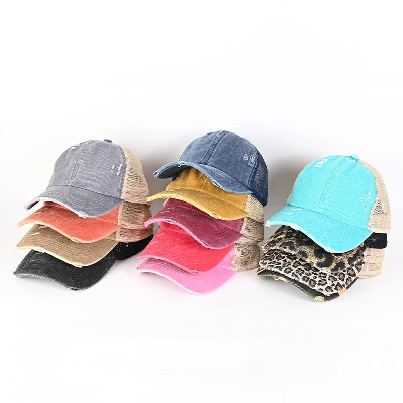 Sports Outdoor Vintage Washed Cotton Elastic Band Cross Ponytail Mesh Breathable Baseball Cap Ponytail Hat