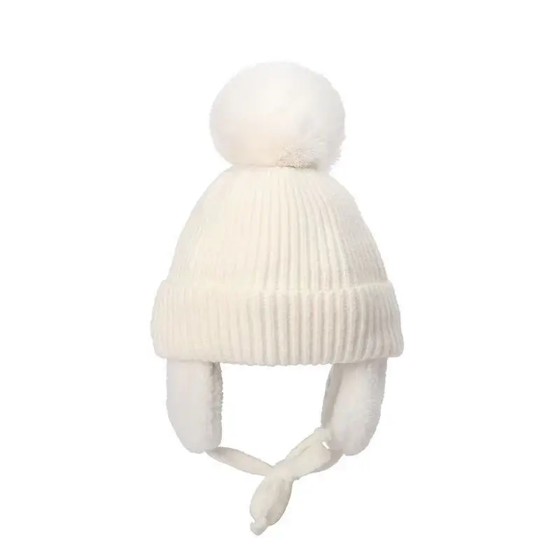 Ruimantike    Wholesale Cute Earflap Hat Beanie Cold Winter Child Kids Baby Knit Hat with Fur Pom Pom Ball