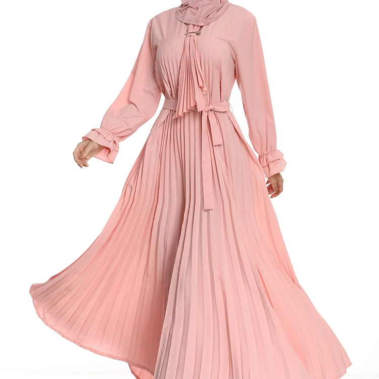 
Wholesale New Muslim Women Dresses Abaya Middle East Plus Size Women Solid Color Lotus Leaf Sleeve Pleated Dress 