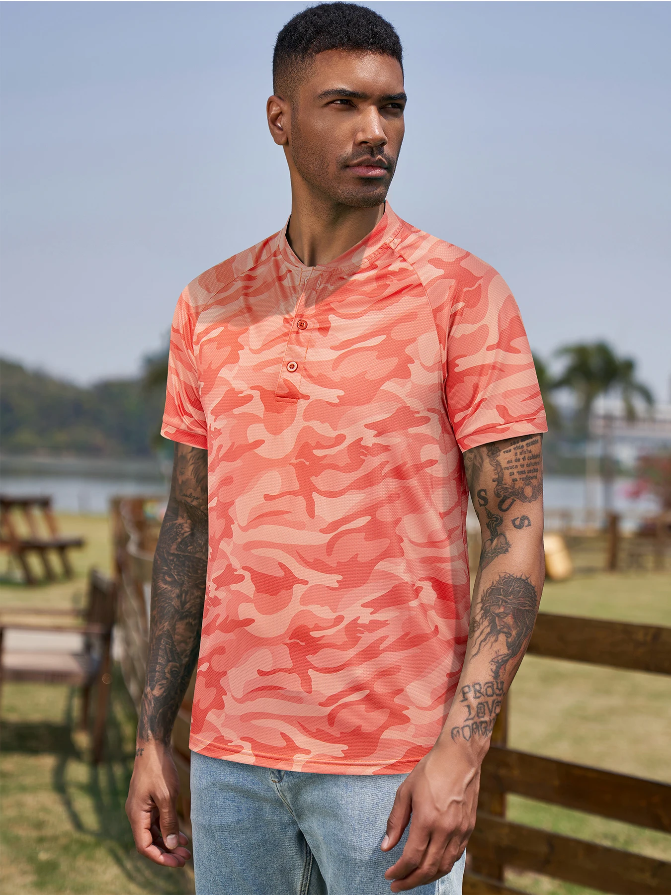 Men blade collar golf polo shirts UPF 50+ sun protection camouflage printing light weight quick dry tshirt  Camo Tops Hot Sale