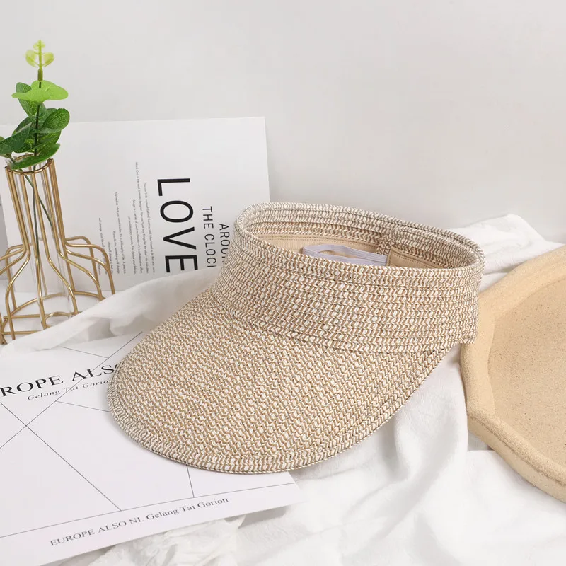 Top open foldable bulk sun paper straw women beach summer hats visor