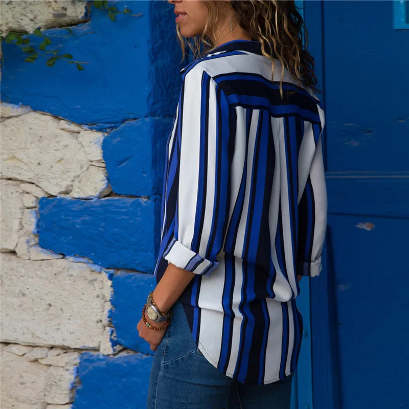 
Striped V-neck long-sleeved blouse woman tops fashionable blusa 