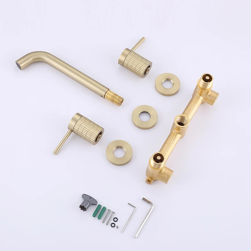Luxury Bathroom Sink Faucet 3 Holes Brass Brushed Gold Vanity Faucet Knurled Wall Mounted Basin Mixer Faucet