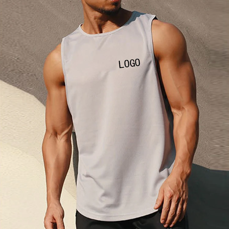 Custom Logo Sleeveless Plain Round Neck  Fitness Leisure Breathable Sport Solid Color Quick Dry  T-Shirt For Men