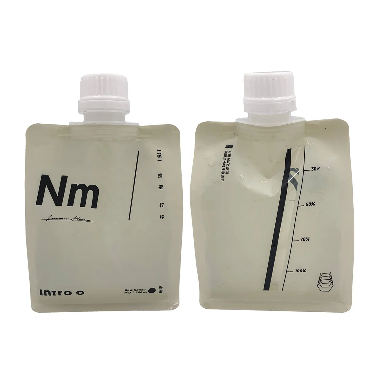 Custom small food plastic bag doypack 100ml flat bottom pouch honey spout pouch filling liquid packaging
