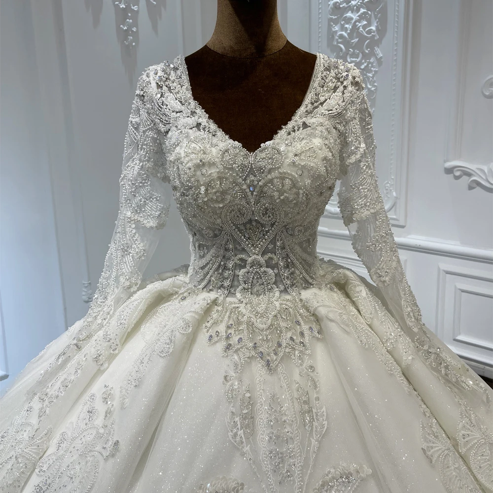 Custom-made 3D floral lace applique embroidered long sleeve princess ball gown fairy wedding dress LSCJ31-2