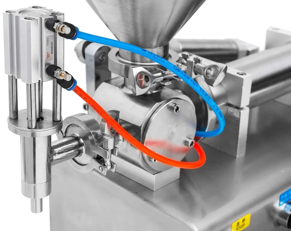 Pneumatic Piston type  filling machine with heater and stirring devices Paste gel and liquid peanut jam filling machine
