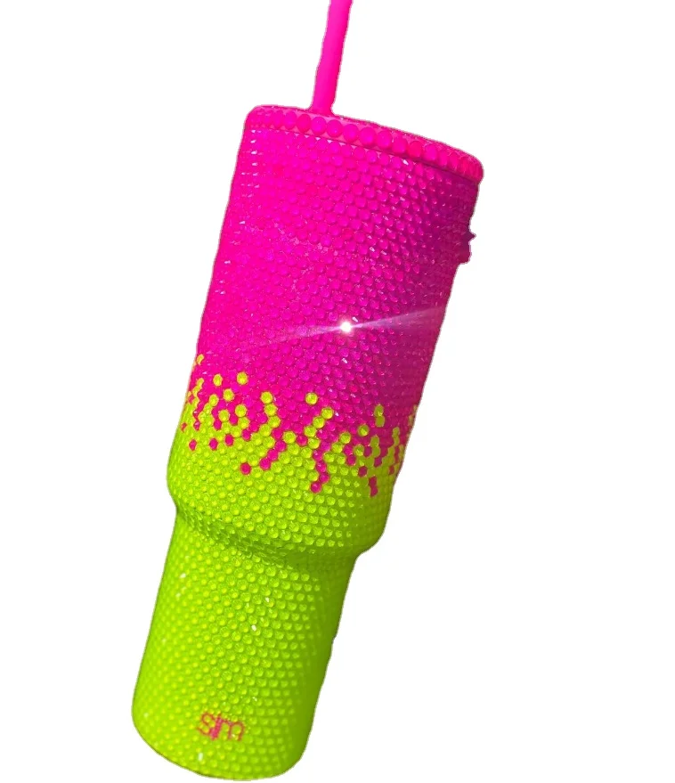Bling 40oz tumbler with handle Rhinestone Diamond Straight Cup the Cow Pattern Water Bottle with Lid and Straws