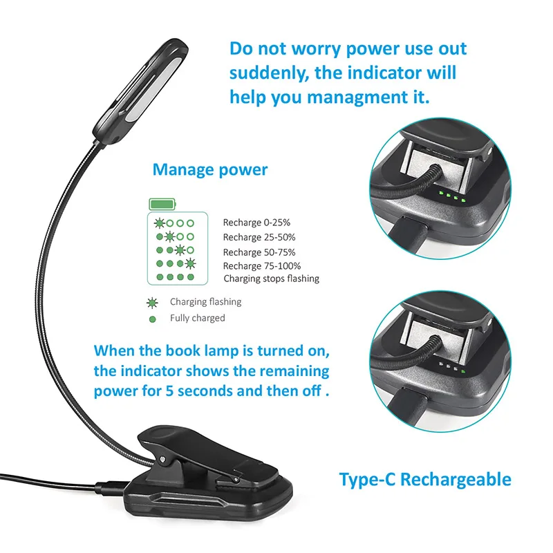 Mini USB Rechargeable Book Light Desk Lamp Flexible Clip LED Read Light For Reading in Bed