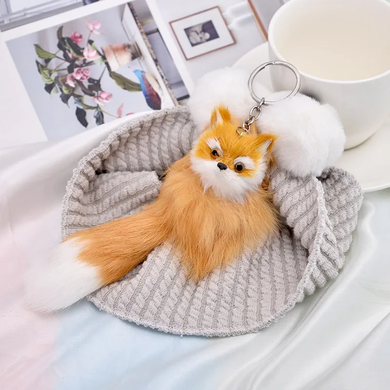 Cute Fox Plush Fluffy Metal PU Animal Keychain Car Holder Backpack Pendant Keyring Trinket Gift Women Girls Keychain Accessories