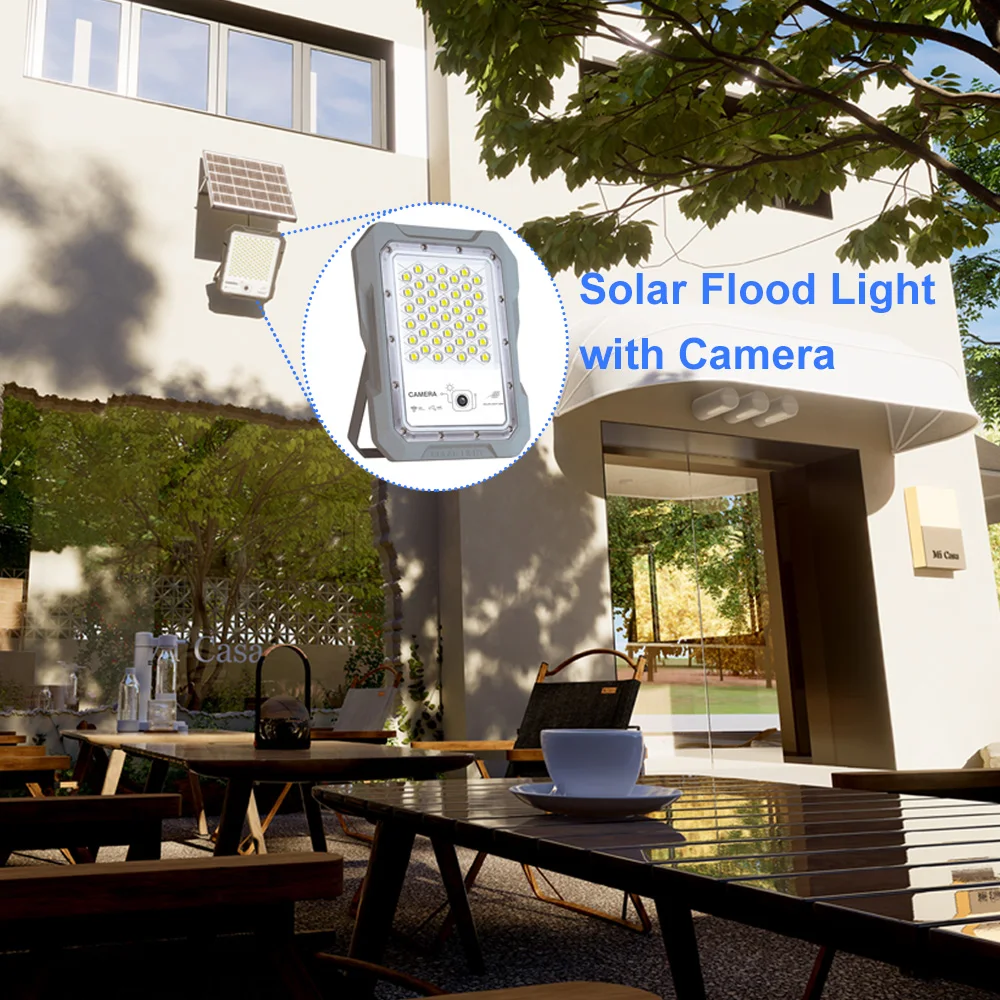 60W 100W LED Solar Flood Light with Camera CCTV WiFi 4MP Radar Sensor Solar Floodlight Camera with 32GB SD Card Integrated