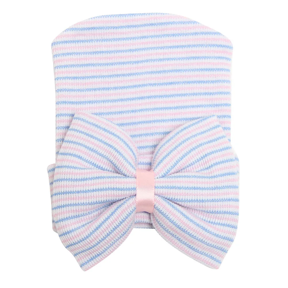 New Newborn baby stripe big bowknot warm hat infant knit bonnet hat shower gift