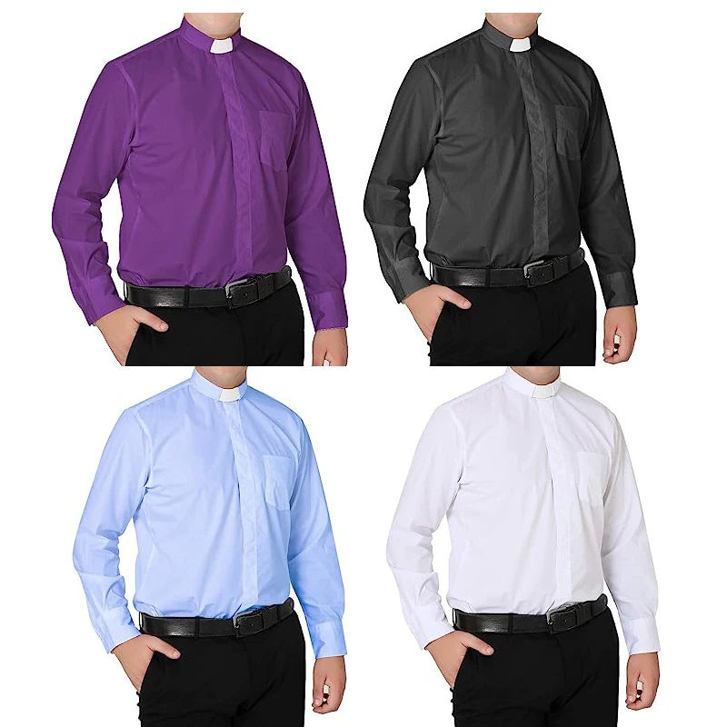 Clergy Tab-Collar Long Sleeves Mens Shirt for Priest Costume Removable White Tab with Button Closures