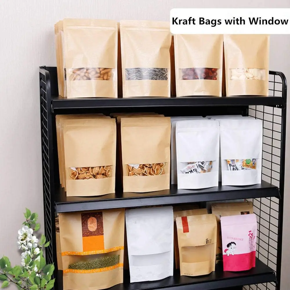 Заводской поставщик Ziplock крафт-бумага стоячие мешочки для упаковки пищевых продуктов пакеты на молнии с окном