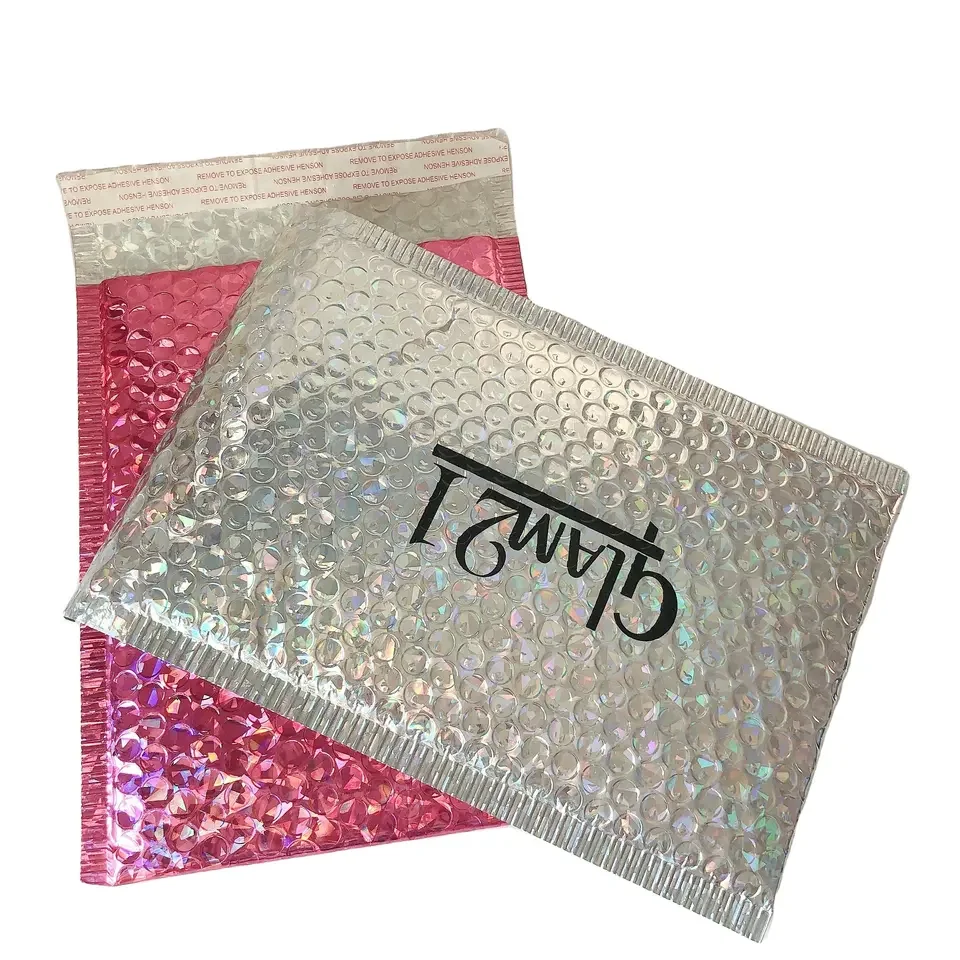 Custom Logo Thick Padded Envelope Shipping Bag 4x8 6x10 Iridescent Holographic Poly Bubble Mailer Metallic Packaging Bag