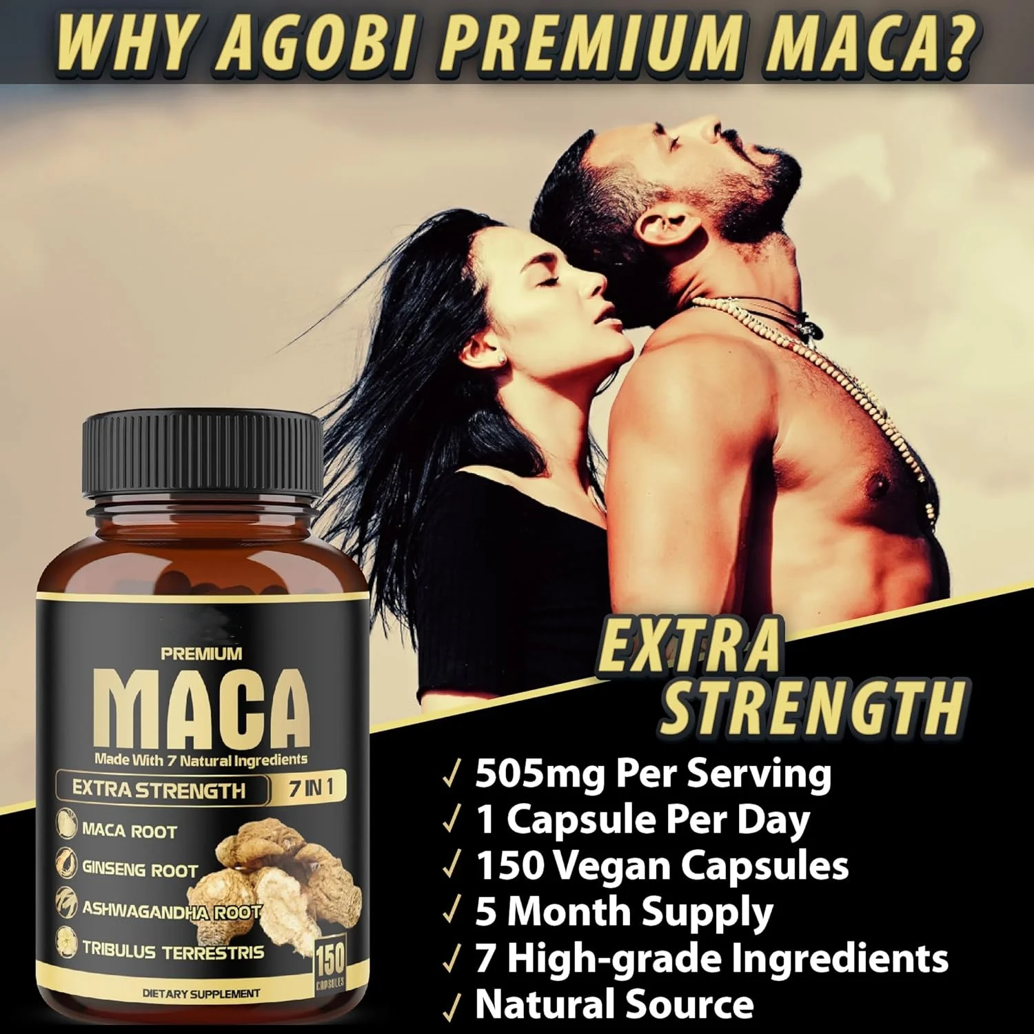Private Label 7 in 1 Premium Maca Root Capsules with Ashwagandha, Ginseng, Tribulus, Shilajit, Shatavari & Black Pepper