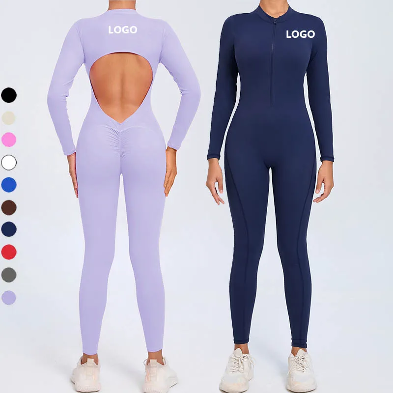 XW-ZY02 Casual slim-fit zipper design back hollowed-out tight butt sports yoga gym long-sleeved jumpsuit for women