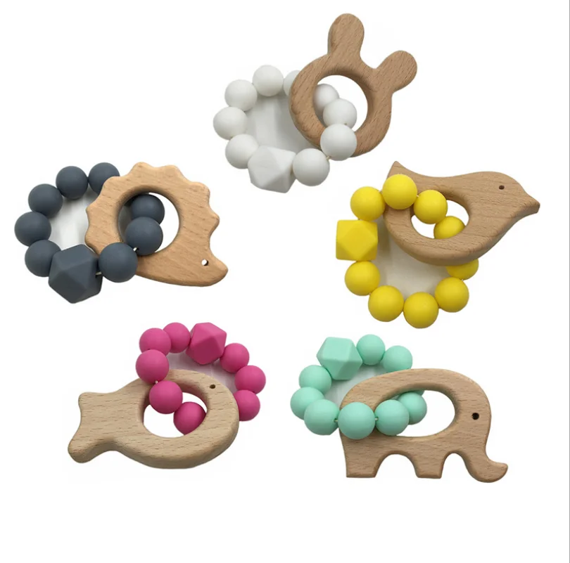 Wholesales Wooden Baby Infant Teether Beaded Animal Charm Chewing Toy Teething Bracelet