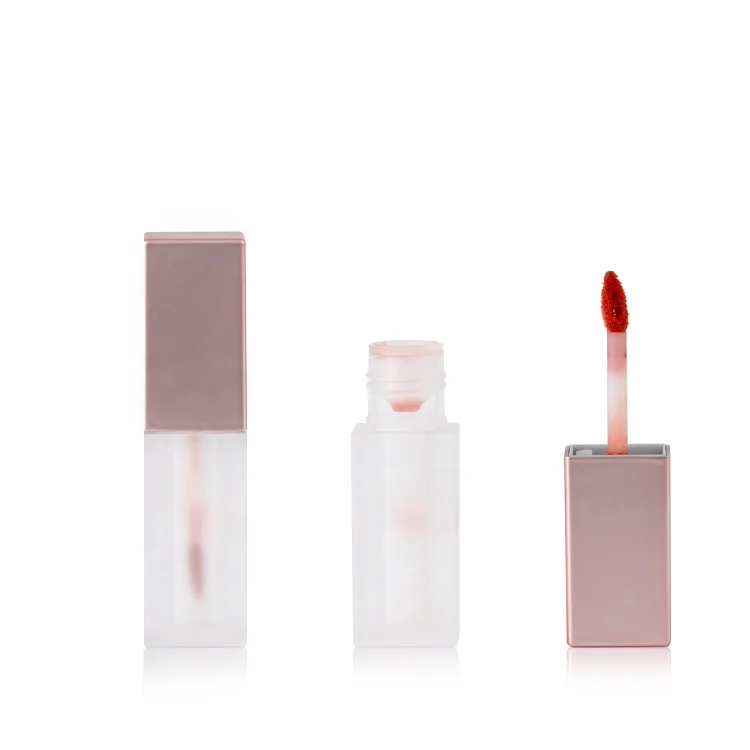 Empty 2.5ml plastic square lip gloss/liquid lipstick tubes with metallic pink lid + frosted transparent bottle with heart brush