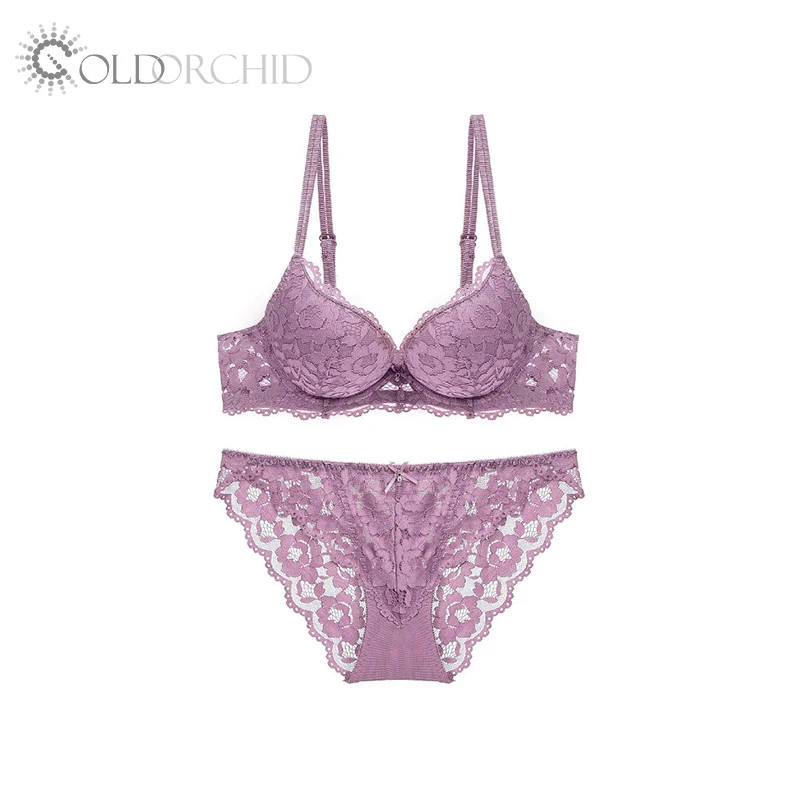 Hot selling sexy embroidery two piece lace transparent colorful underwear sets for adult women