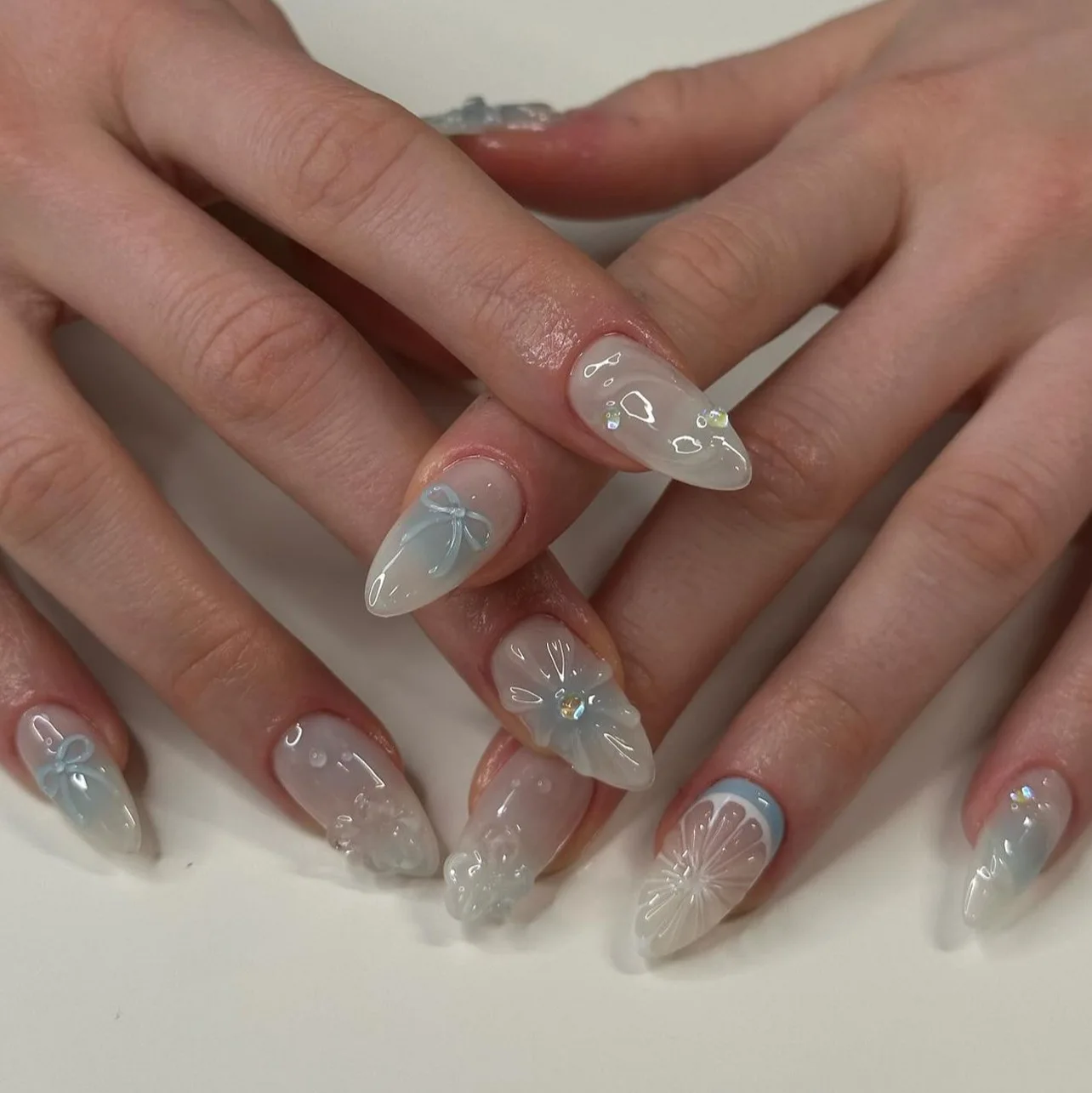 3D blue smudge wear nail art bowknot fake nails lemon french false nails
