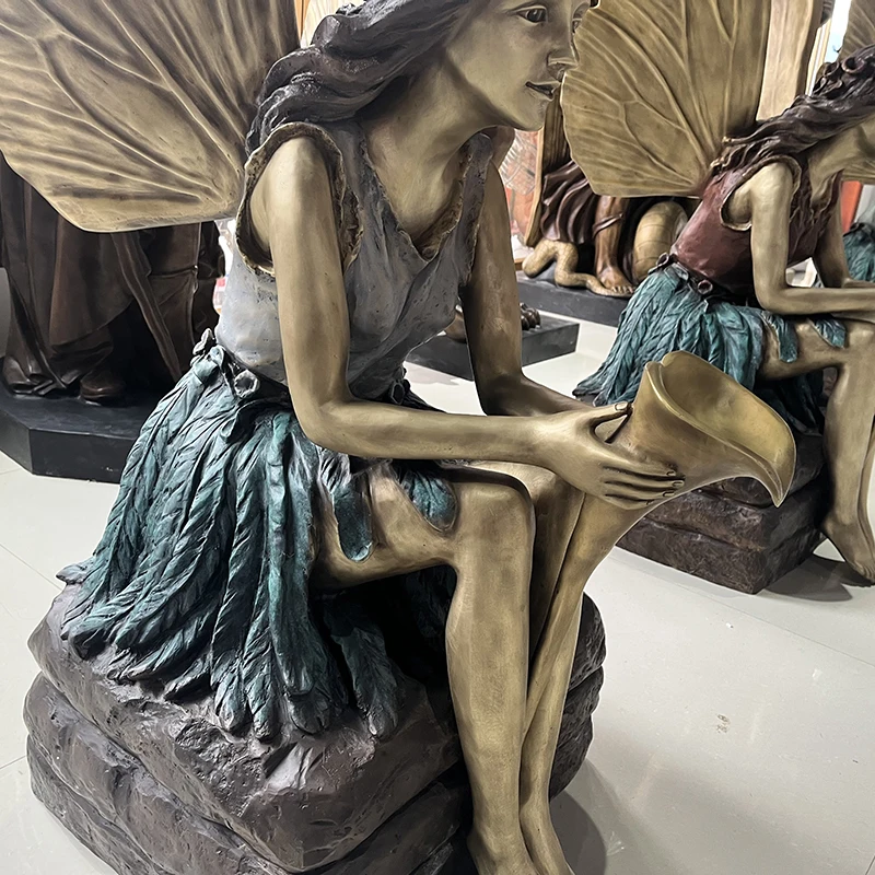 MUSI Bronze Outdoor Waterfall Fairy Girl Statue Bronze Art Fountain Sculpture with Solar Water Fountain for Sale