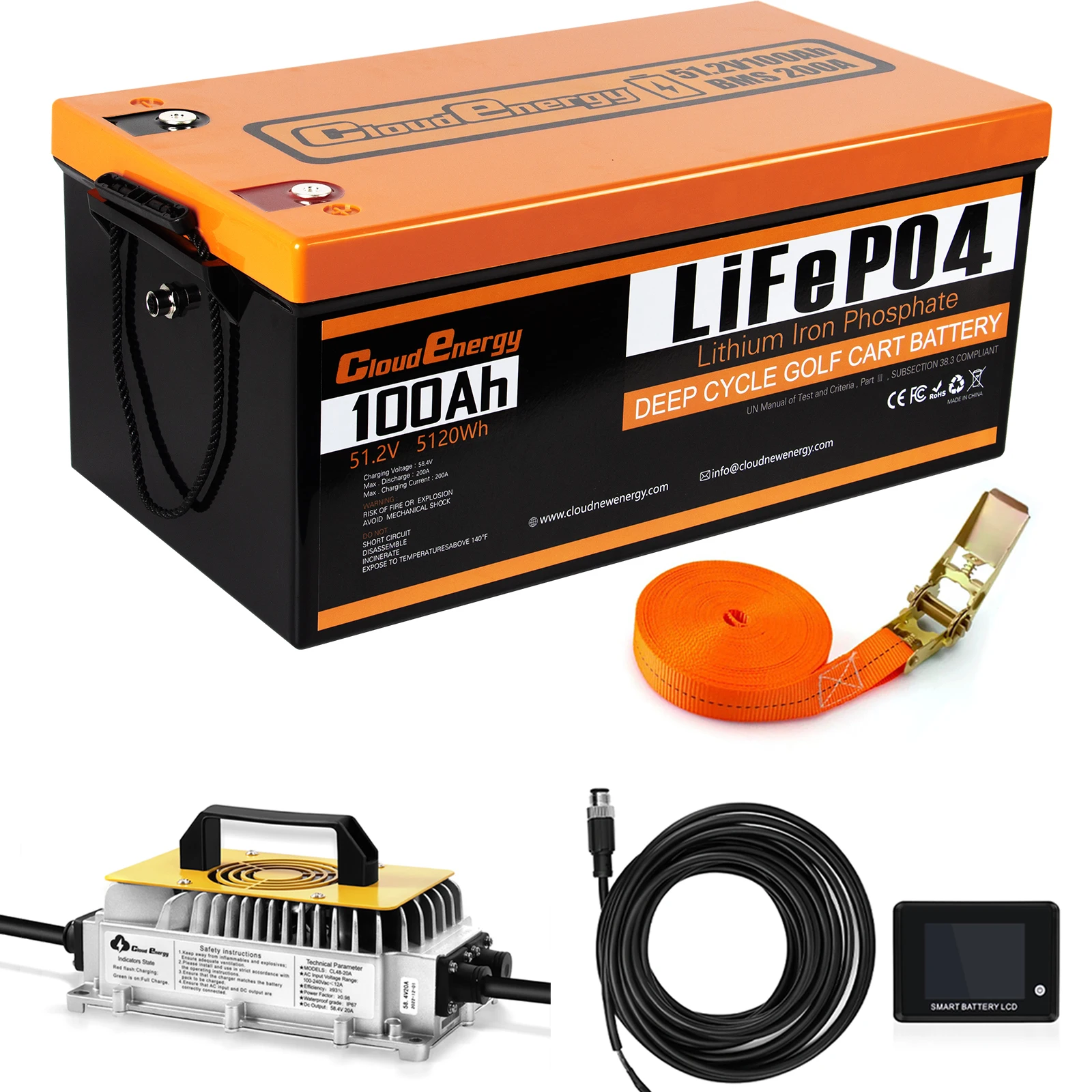 48V(51.2V)100AH ABS LiFePO4 Lithium Golf Cart Battery Built-in 200A BMS,with Mobile APP,Touch Monitor, retention strap, Charger)