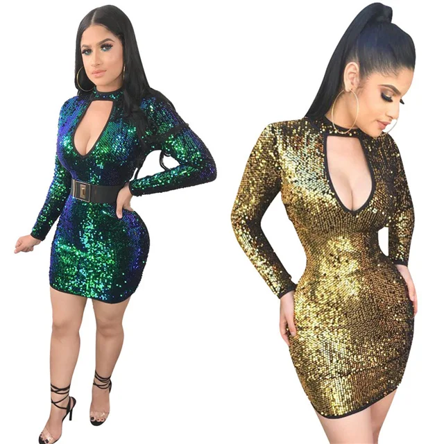 
2021 spring and summer hot sale fashionable sexy hollow sequined slim low-cut dress 