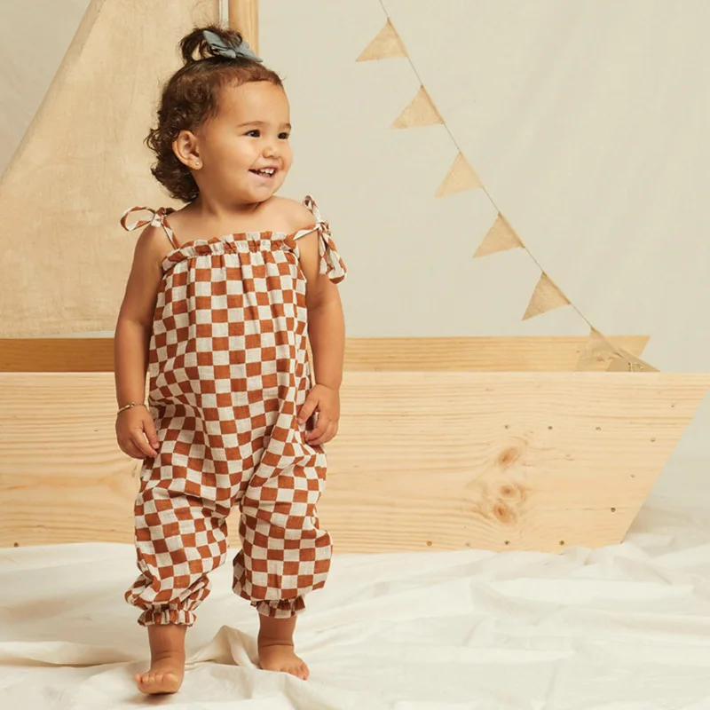 Checkered Print Cotton Linen Girls Sleeveless Dress Shoulder Tie V Shape Girls Dress