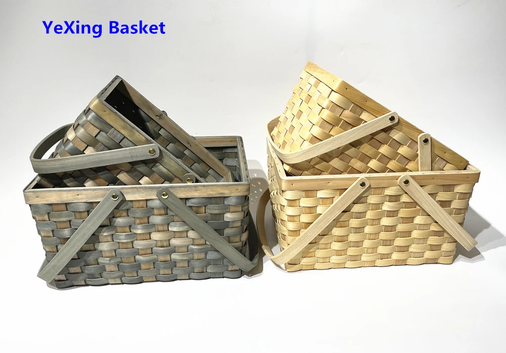 Picnic basket ,woodchip Hand made basket with lid ,natural color out side basket