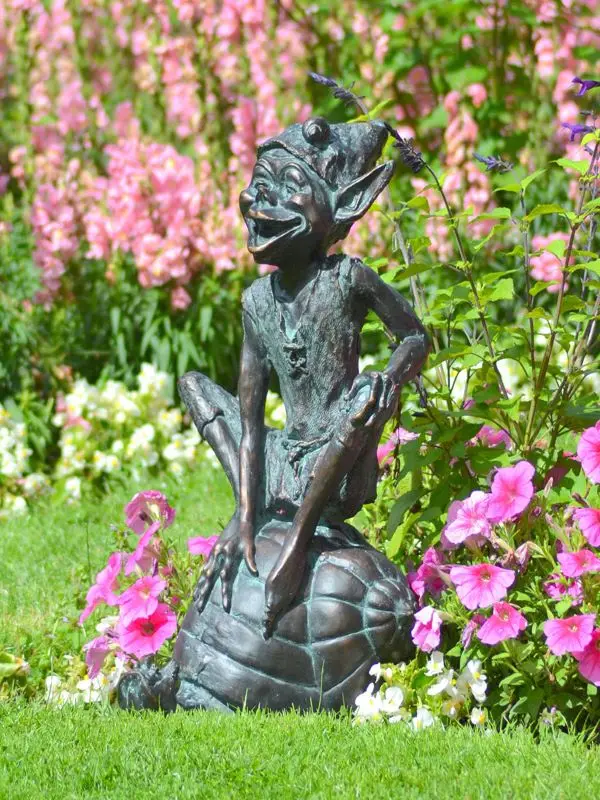 Large Resin sitting gnome garden figurines for decoration,  Antique verdigris garden pixie sculpture