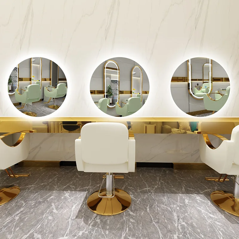 2024 Modern Golden Round Hairdresser With Led Light Salon Mirror Use In Beauty Salon Mirror Station