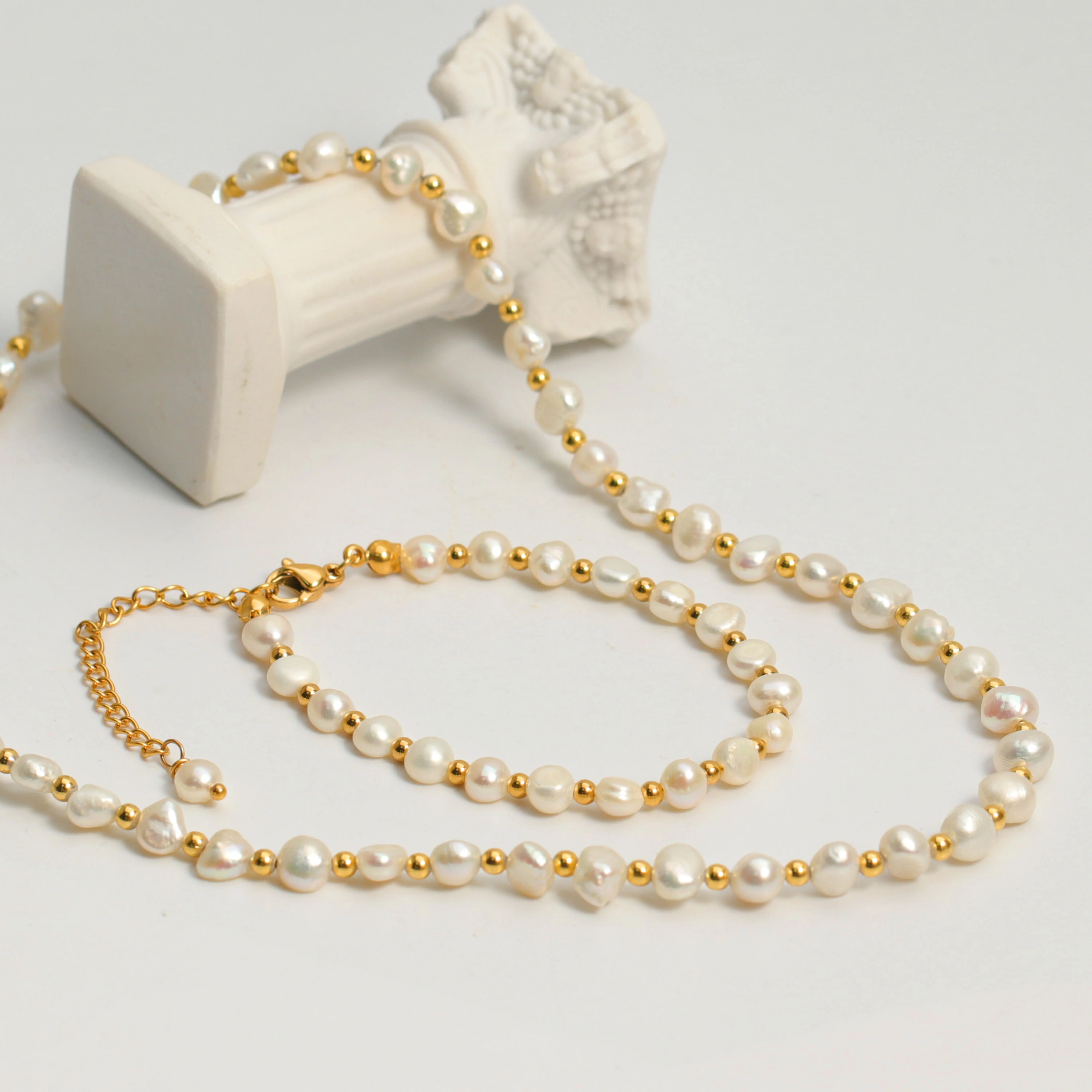 Freshwater Pearl Bracelet Necklace Set Double-sided Baroque Pearl Stainless Steel Beaded Pearl Set Jewelry