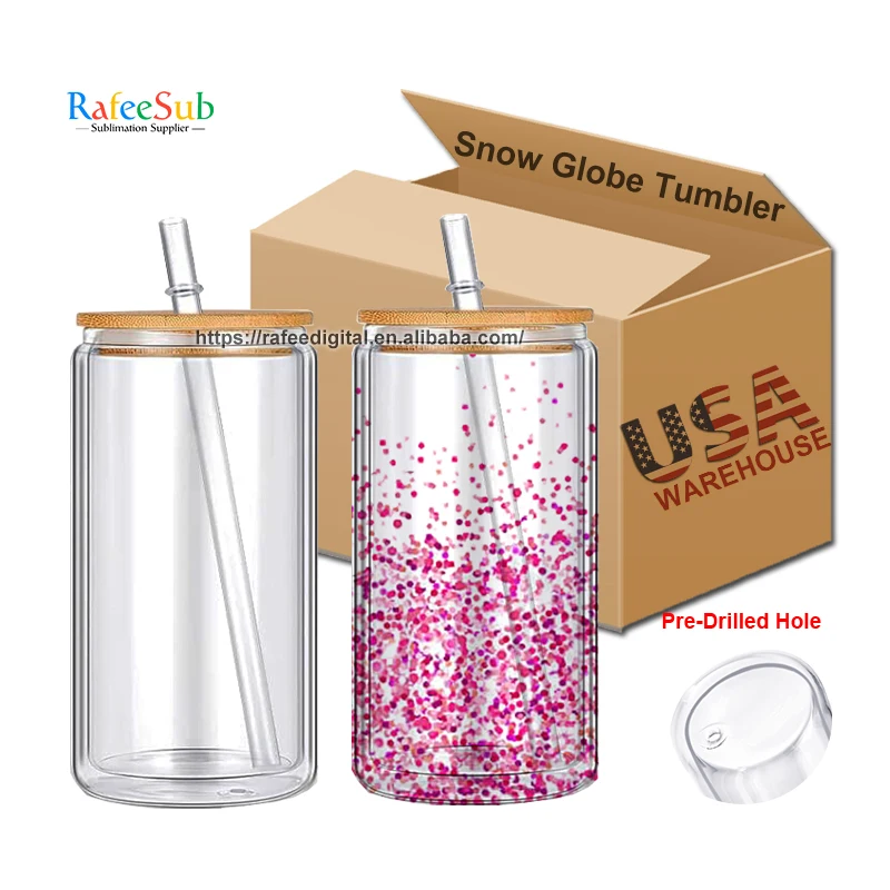USA Warehouse 16oz 16 oz Pre Drilled Hole Clear Double Walled DIY Glitter Blank Sublimation Snow Globe Snowglobe Beer Glass Can